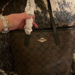 Coach Brown Signature Canvas Tote with Black Trim and Gold Logo